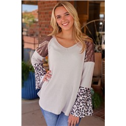 Leopard Sequin Patchwork Bell Sleeve V Neck Tunic Top