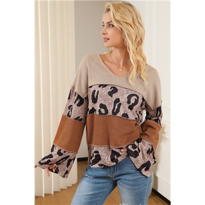 Leopard Colorblock Patchwork V-Neck Loose Sleeve Knit Top