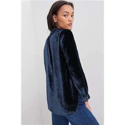 Navy Blue Frilled Neck Buttoned Front Velvet Top