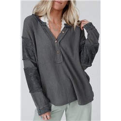 Gray Contrast Patched Exposed Seam Waffle Knit Henley Top