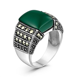 Кольцо роскошное женское из чернёного серебра с натуральным зелёным агатом и марказитами