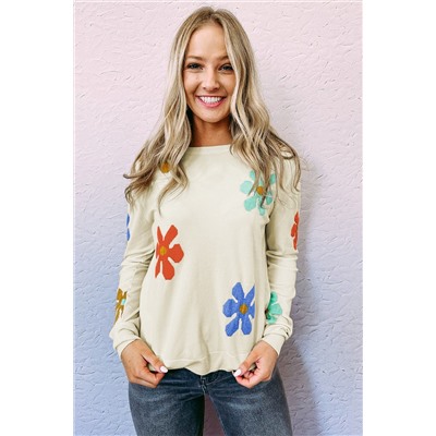 White Sweet Floral Pullover Sweater