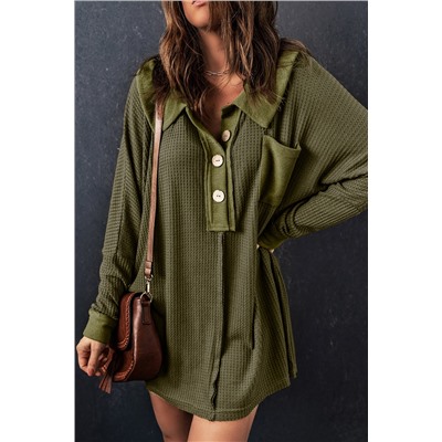 Green Waffle Knit Buttoned Long Sleeve Top