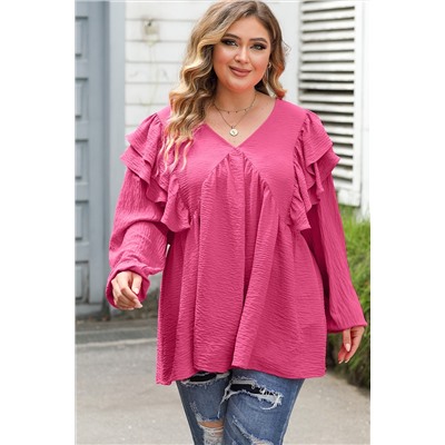 Pink Crinkle Ruffled V Neck Plus Size Blouse