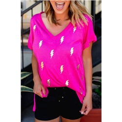 Rose Shiny Lightning Print V Neck Loose T Shirt