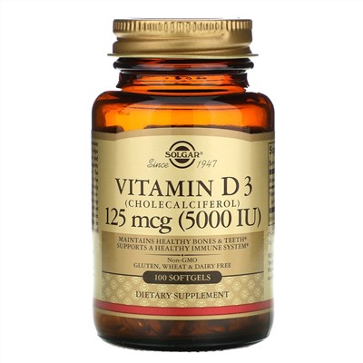 Solgar, витамин D3 (холекальциферол), 125 мкг (5000 МЕ), 100 капсул