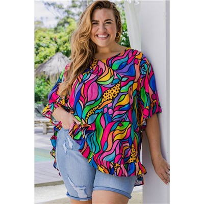 Rose Abstract Print Plus Size Frilly Trim Blouse