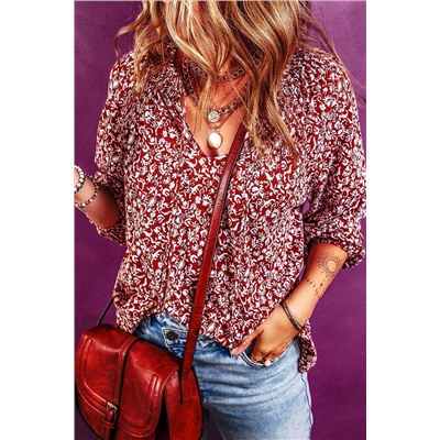 Biking Red Floral Print Smocked Tie Neck Blouse