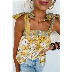 Yellow Floral Patchwork Tied Straps Buttoned Tank Top