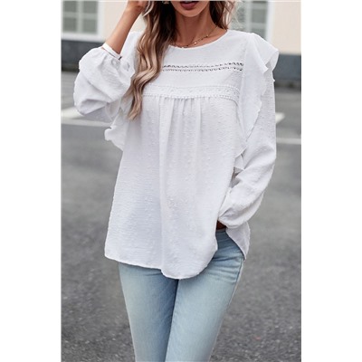 White Lace Eyelet Ruffle Shoulder Long Sleeve Blouse