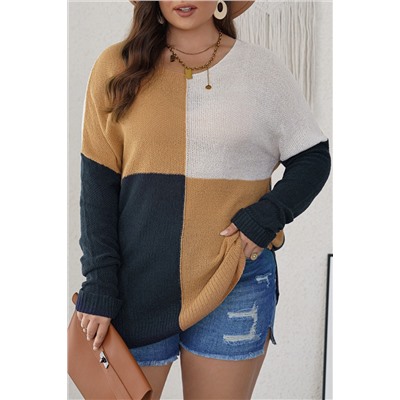 Blue Color Block Side Slit Plus Size Sweater