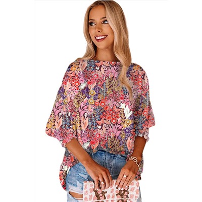 Multicolor Floral Print Shirred 3/4 Sleeve Tunic Blouse