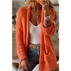 Orange Plain Dual Pockets Open Front Cardigan