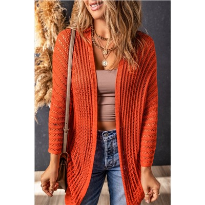 Orange Hollow-out Knit Kimono Lightweight Cardigan