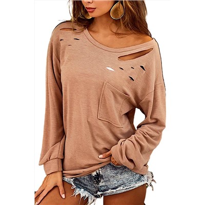 Khaki Distressed Cutout Long Sleeve Casual Top