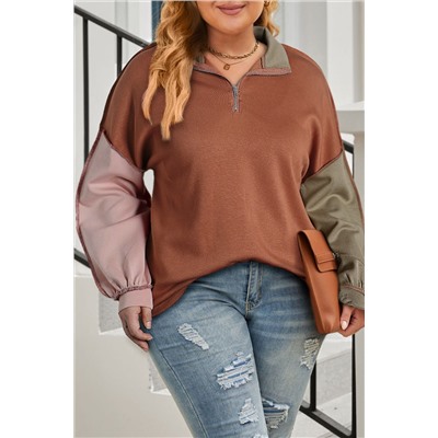 Gold Flame Plus Size Colorblock Exposed Seam Quarter Zip Sweatshirt