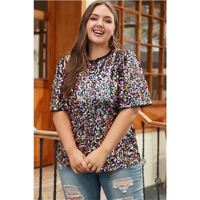 Silvery Vibrant Sequin Plus Size Short Sleeve Top
