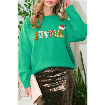 Bright Green Sequined JOYFUL Graphic Christmas Sweater