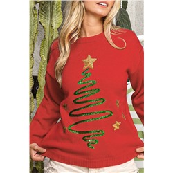 Fiery Red Sequined Christmas Tree Sketch Drop Shoulder Sweater