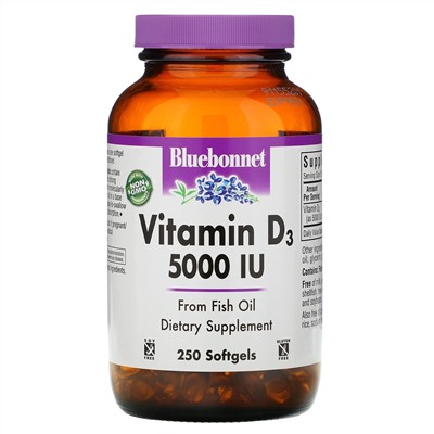 Bluebonnet Nutrition, витамин D3, 5000 МЕ, 250 мягких таблеток
