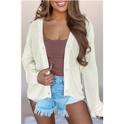 Beige Plain Hollowed Knit Button Front Cardigan