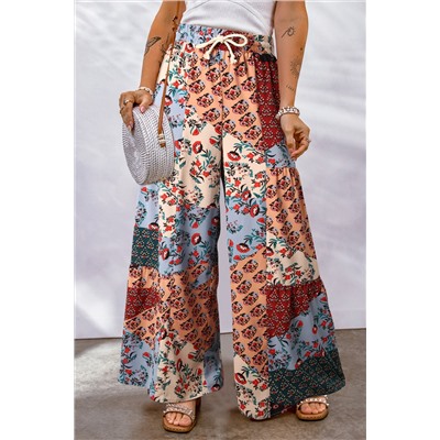 Multicolor Boho Patchwork Print Drawstring Wide Leg Pants