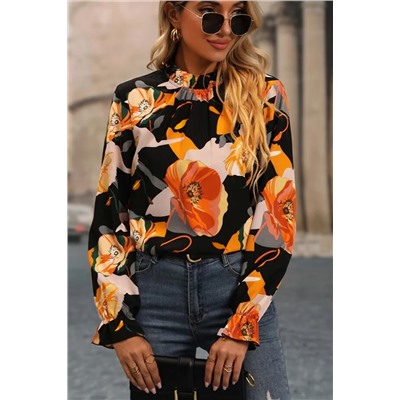 Black Floral Print Mock Neck Blouse