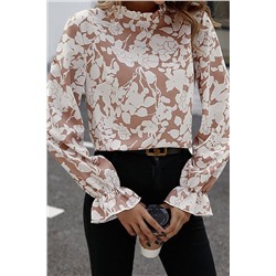 Light French Beige Floral Print Frilled Neckline Flounce Sleeve Blouse