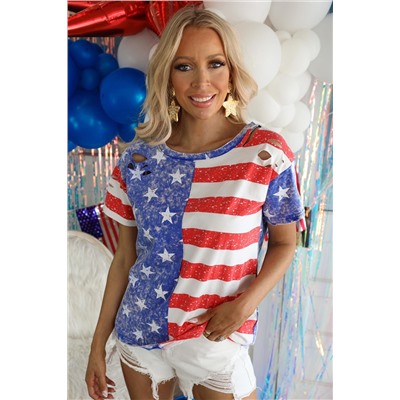 Stripe American Flag Print Distressed Crew Neck T Shirt