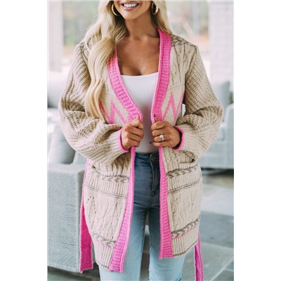 Gray Geometric Cable Knit Pocketed Open Front Cardigan