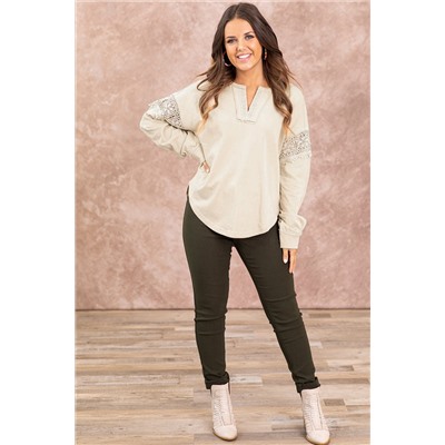 Oatmeal Notched Neck Crochet Insert Round Hem Sweatshirt