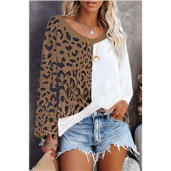 Brown Leopard Contrast Waffle Knit Twist Hem V Neck Top