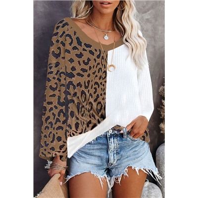 Brown Leopard Contrast Waffle Knit Twist Hem V Neck Top