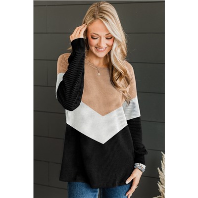 Black Color Block Corded Texture Long Sleeve Top