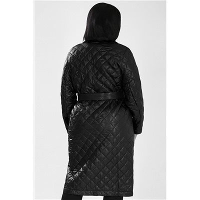 Черное стеганое женское пальто с поясом на пуговицах