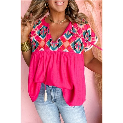 Strawberry Pink Geometric Embroidered Tassel Tie V Neck Blouse