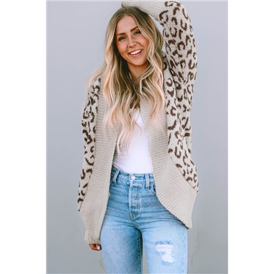 Khaki Fuzzy Leopard Ribbed Trim Lapel Collar Cardigan