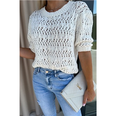 White Hollow-out Textured Half Sleeve Sweater