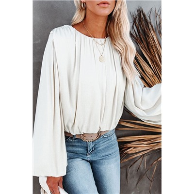 White Crew Neck Billowy Sleeve Blouse