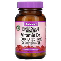 Bluebonnet Nutrition, EarthSweet Chewables, витамин D3, со вкусом малины, 25 мкг (1000 МЕ), 90 жевательных таблеток