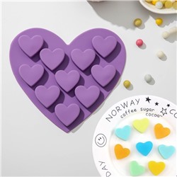 Форма для конфет и шоколада Доляна «Сердечки», силикон, 15×14,5×1,5 см, 10 ячеек, цвет МИКС