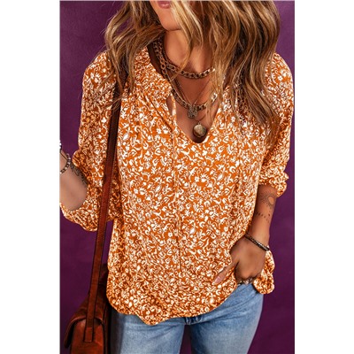 Russet Orange Floral Print Smocked Tie Neck Blouse