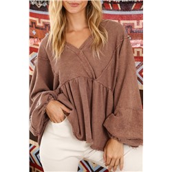 Brown Retro Patchwork Puff Sleeve Babydoll Top