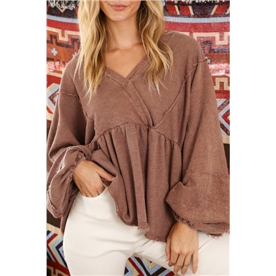 Brown Retro Patchwork Puff Sleeve Babydoll Top