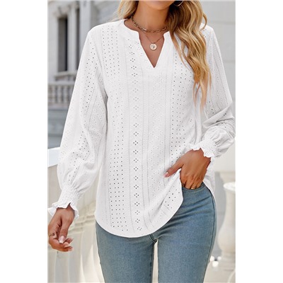 White Split Neck Textured Loose Blouse