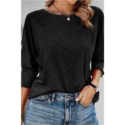 Black Smocked 3/4 Sleeve Casual Loose Top