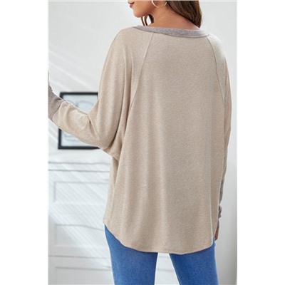 Khaki Contrast Cuffs Batwing Sleeve Loose Top