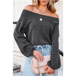 Gray Ribbed Knit Off-Shoulder Balloon Sleeve Top