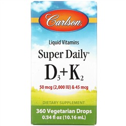 Carlson Labs, Super Daily D3+K2, витамины в жидкой форме, 50 мкг (2000 МЕ) и 45 мкг, растительная формула, 360 капель, 10,16 мл (0,34 жидк. унции)