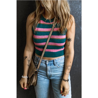 Pink Stripe Sleeveless Knit Cropped Sweater Top